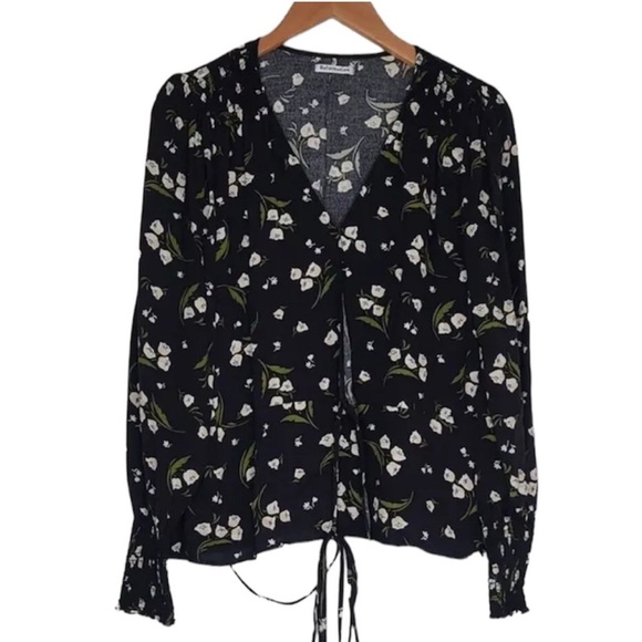Reformation Lily of the Valley Wrap Blouse S Black Puff Sleeve Cottagecore - Picture 2 of 6
